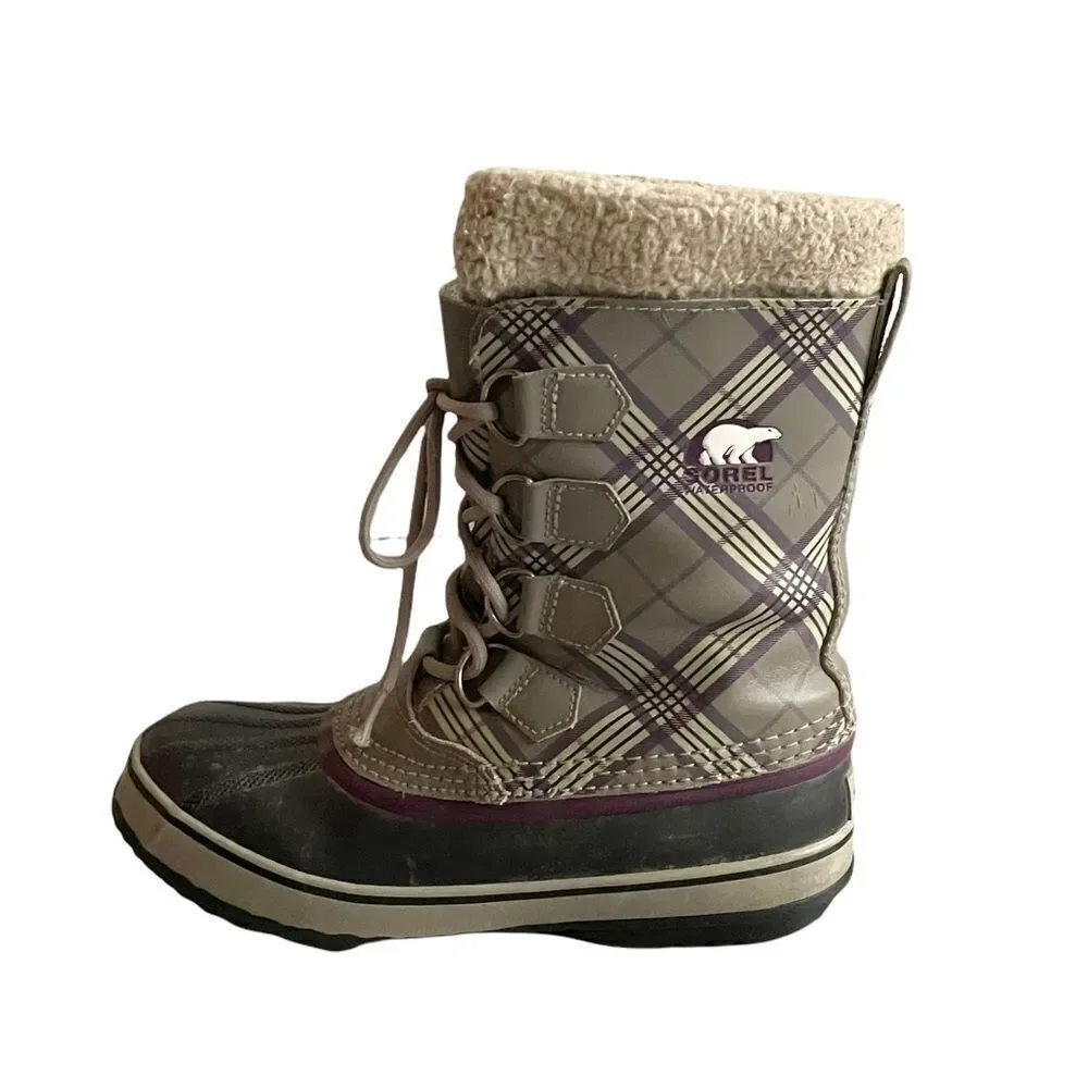SOREL 1964 PAC Women’s Lace Up Winter Waterproof Snow Boots Grey Purple Plaid 7